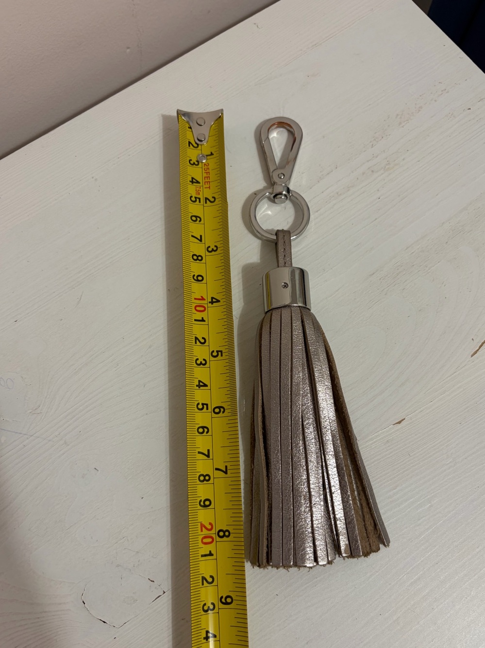 Metallic Taupe Tassel Keychain with Silver Hardware
